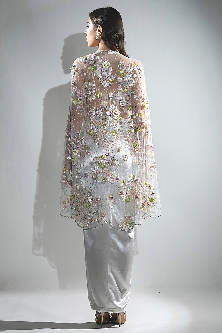 White Cotton & Polyester 3D Floral Hand Embroidered Cape Set by Realm by Vaishali at Pernia's Pop Up Shop
