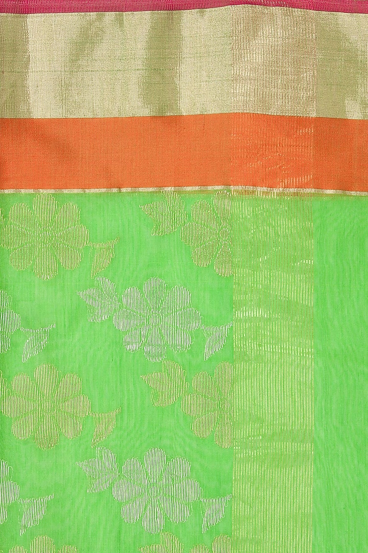 Green and orange flower motif handwoven dupatta by Rahul Mishra