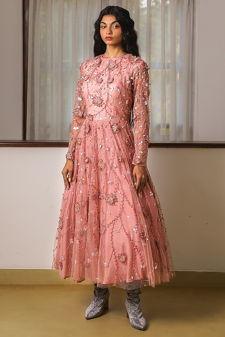 Pink Net Floral 3D Hand Embroidered Midi Cocktail Dress by Rimple Agrawal at Pernia's Pop Up Shop