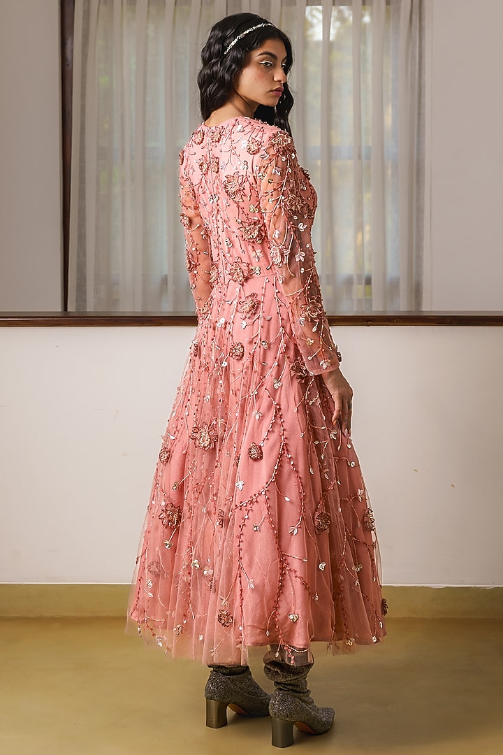 Pink Net Floral 3D Hand Embroidered Midi Cocktail Dress by Rimple Agrawal at Pernia's Pop Up Shop