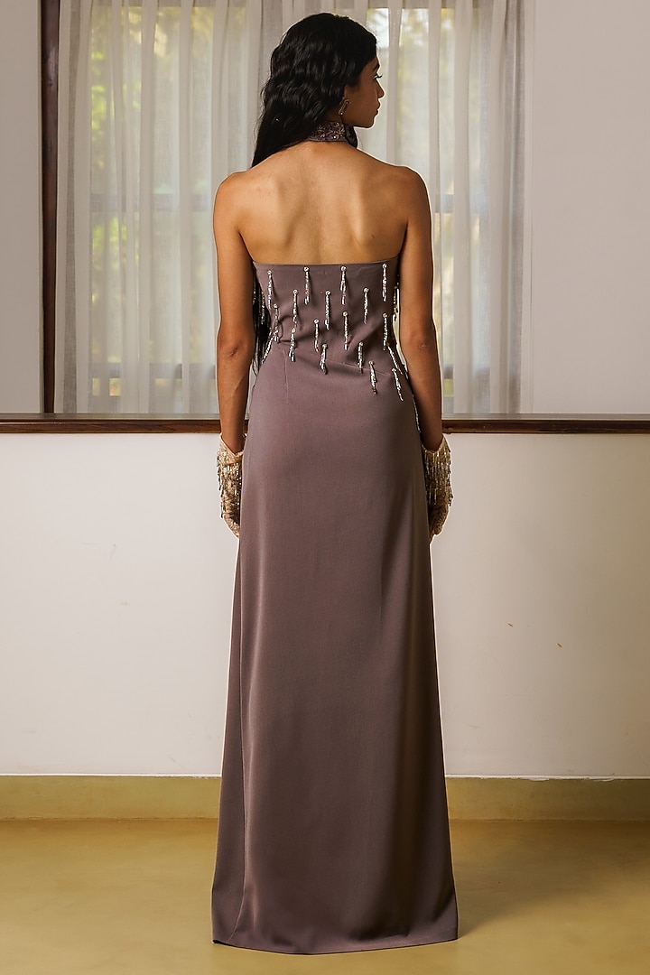 Grape Mercedes Floral 3D Hand Embroidered Party Wear Gown by Rimple Agrawal at Pernia's Pop Up Shop