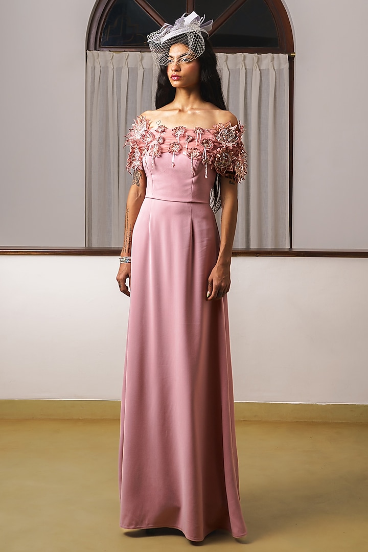 Pink Mercedes Floral 3D Hand Embroidered Off-Shoulder Party Wear Gown by Rimple Agrawal at Pernia's Pop Up Shop