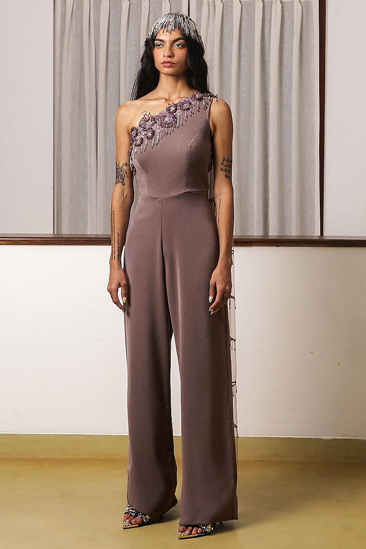 Grape Mercedes Floral 3D Hand Embroidered Jumpsuit by Rimple Agrawal at Pernia's Pop Up Shop