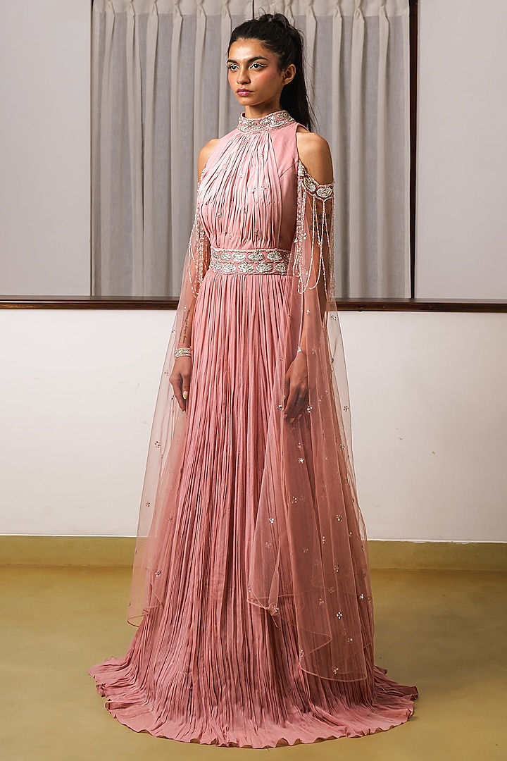 Pink Georgette Floral 3D Hand Embroidered Off-Shoulder Pleated Engagement Gown by Rimple Agrawal at Pernia's Pop Up Shop
