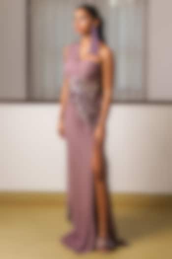 Pink Georgette 3D Hand Embroidered Off-Shoulder Engagement Gown Saree by Rimple Agrawal at Pernia's Pop Up Shop