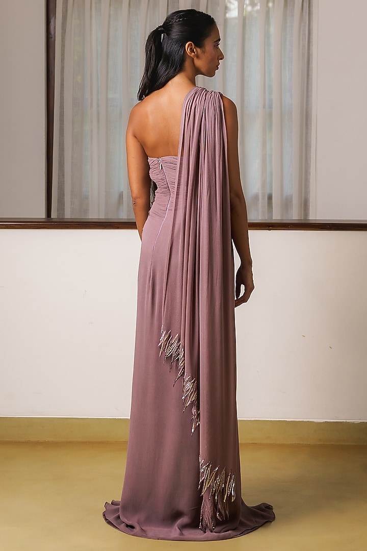 Pink Georgette 3D Hand Embroidered Off-Shoulder Engagement Gown Saree by Rimple Agrawal at Pernia's Pop Up Shop