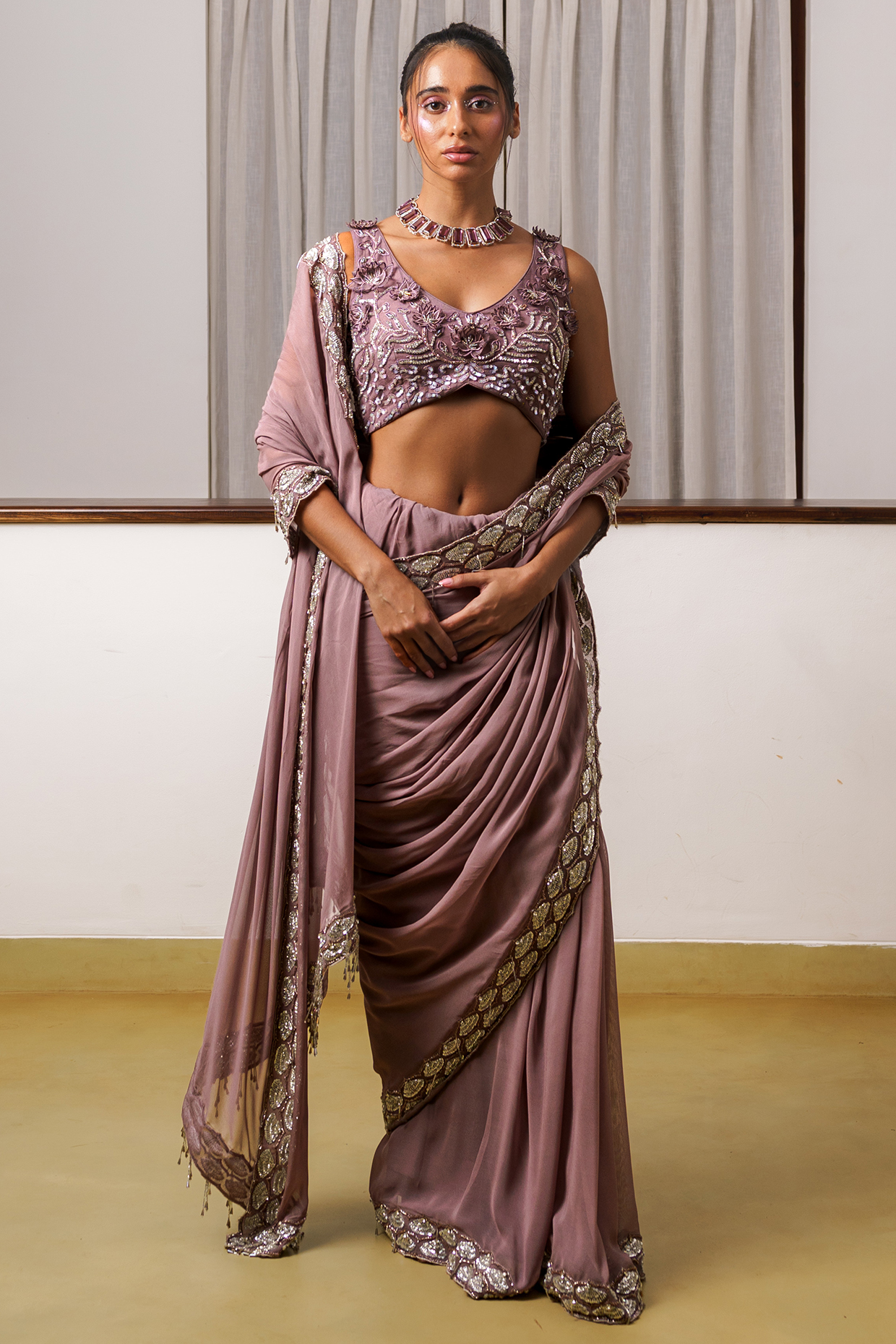 Grape Georgette Hand Embroidered Pre-Draped Wedding Saree Set by Rimple Agrawal at Pernia's Pop Up Shop