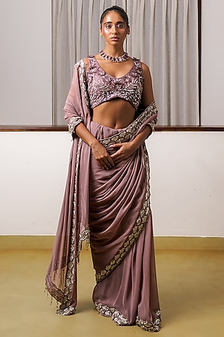 Grape Georgette Hand Embroidered Pre-Draped Saree Set by Rimple Agrawal