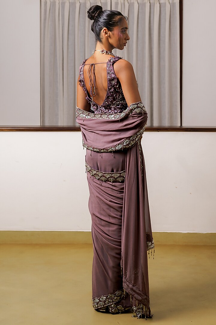 Grape Georgette Hand Embroidered Pre-Draped Wedding Saree Set by Rimple Agrawal at Pernia's Pop Up Shop