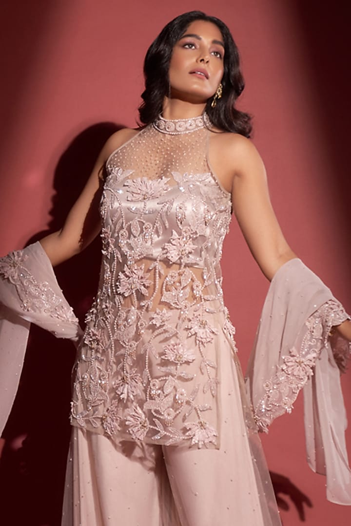 Pink Net Hand Embroidered Kurta Set by Rimple Agrawal at Pernia's Pop Up Shop