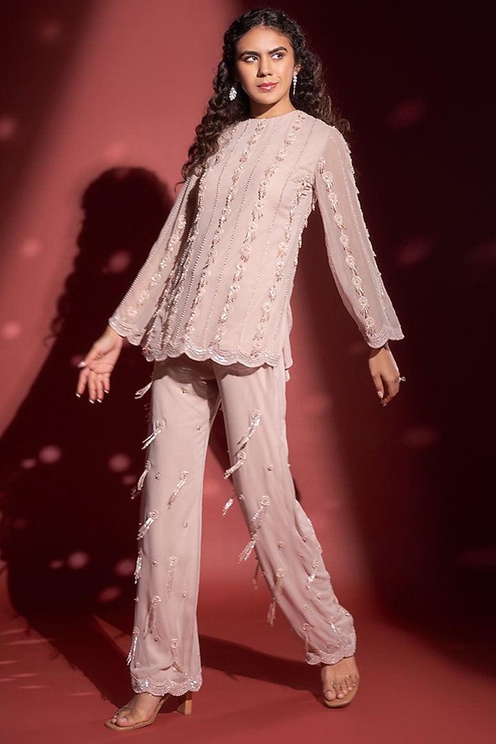 Pink Georgette Hand Embroidered Tunic Set by Rimple Agrawal at Pernia's Pop Up Shop