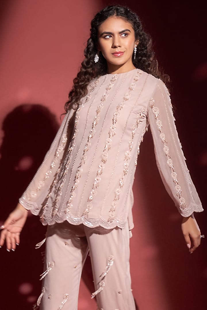 Pink Georgette Hand Embroidered Tunic Set by Rimple Agrawal at Pernia's Pop Up Shop
