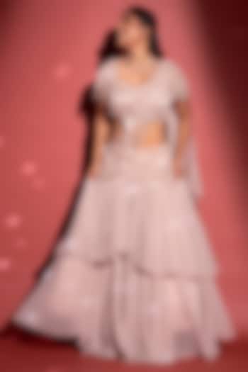 Pink Georgette Cutwork Pre-Draped Wedding Saree Set by Rimple Agrawal at Pernia's Pop Up Shop