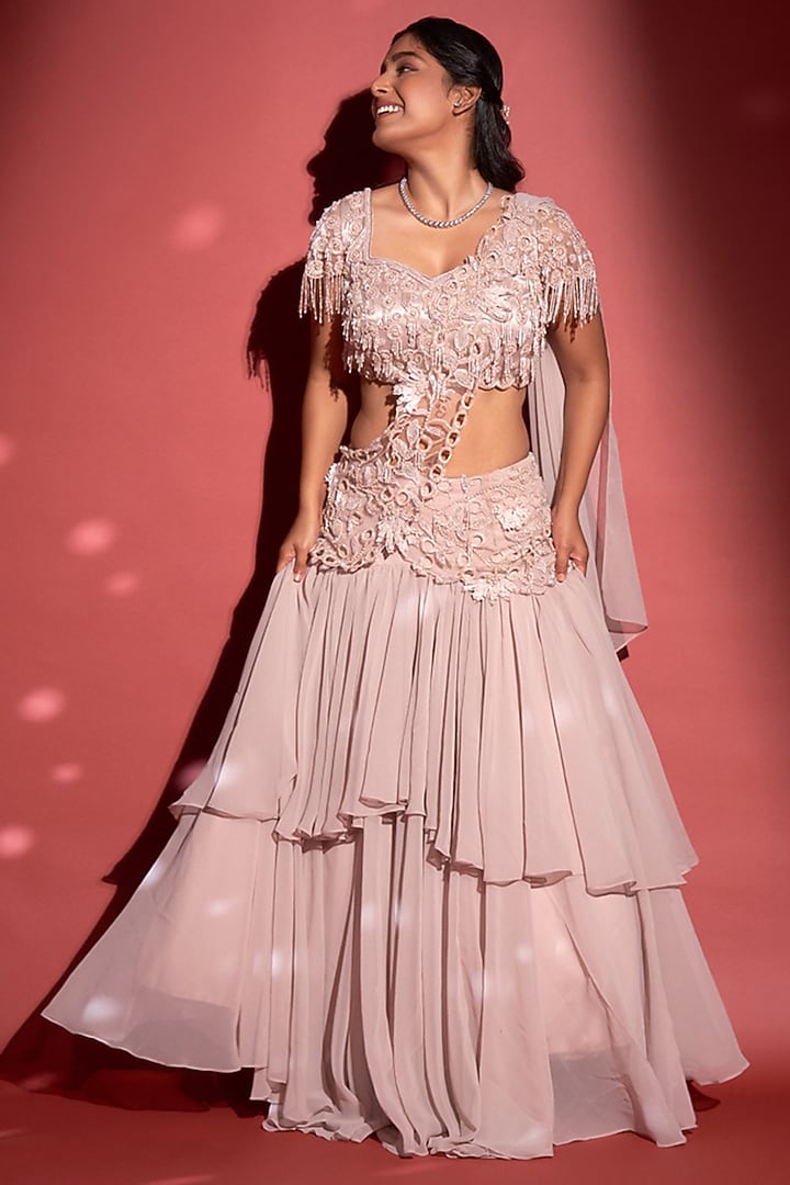 Pink Georgette Cutwork Pre-Draped Wedding Saree Set by Rimple Agrawal at Pernia's Pop Up Shop
