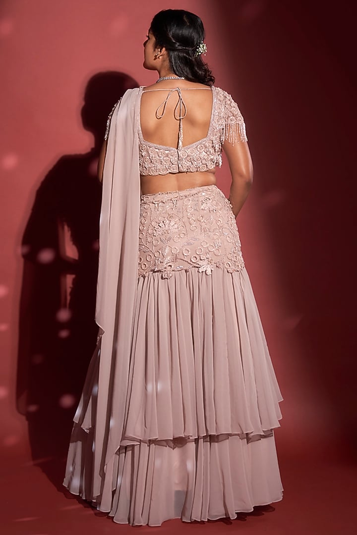 Pink Georgette Cutwork Pre-Draped Wedding Saree Set by Rimple Agrawal at Pernia's Pop Up Shop