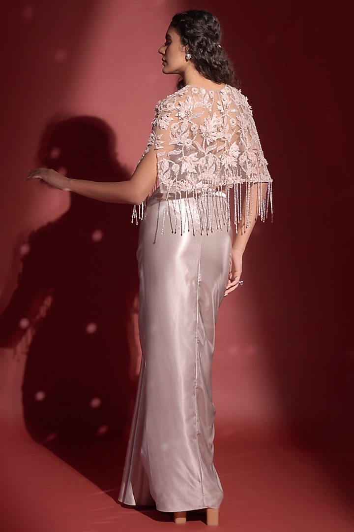 Pinkish Grey Silk Satin Draped Skirt Set by Rimple Agrawal at Pernia's Pop Up Shop