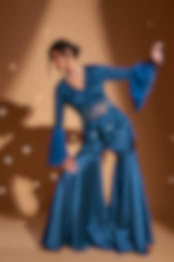 Peacock Blue Silk Satin Gharara Set by Rimple Agrawal at Pernia's Pop Up Shop