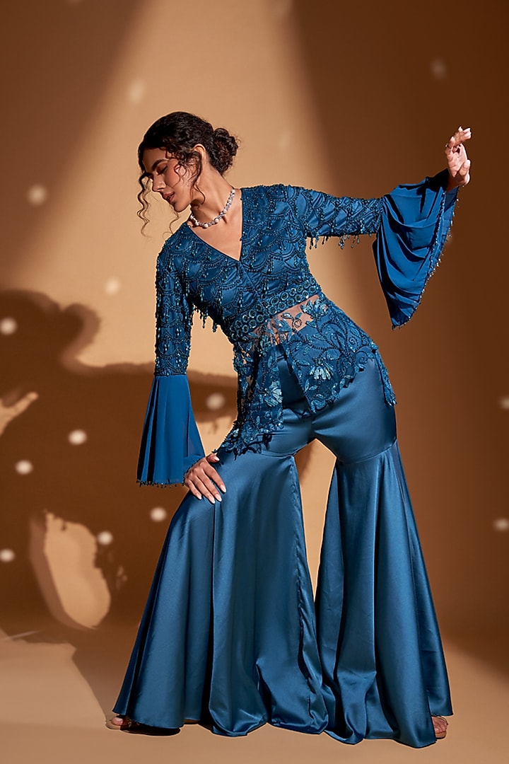 Peacock Blue Silk Satin Gharara Set by Rimple Agrawal at Pernia's Pop Up Shop
