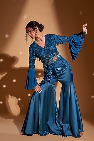Peacock Blue Silk Satin Gharara Set by Rimple Agrawal