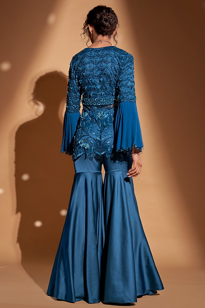 Peacock Blue Silk Satin Gharara Set by Rimple Agrawal at Pernia's Pop Up Shop