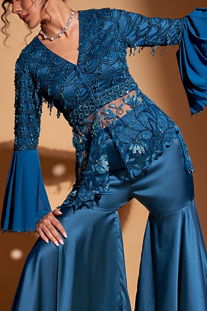 Peacock Blue Silk Satin Gharara Set by Rimple Agrawal at Pernia's Pop Up Shop