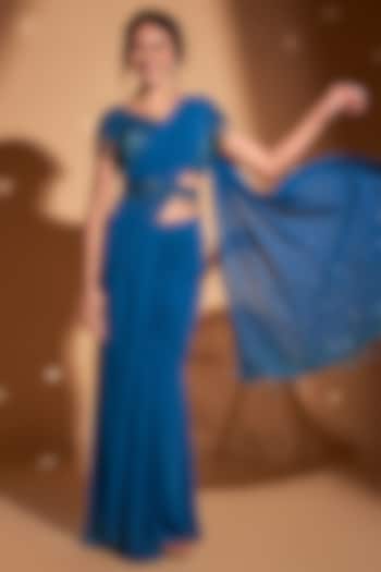 Peacock Blue Georgette Cheeta Work Pre-Draped Wedding Saree Set by Rimple Agrawal at Pernia's Pop Up Shop