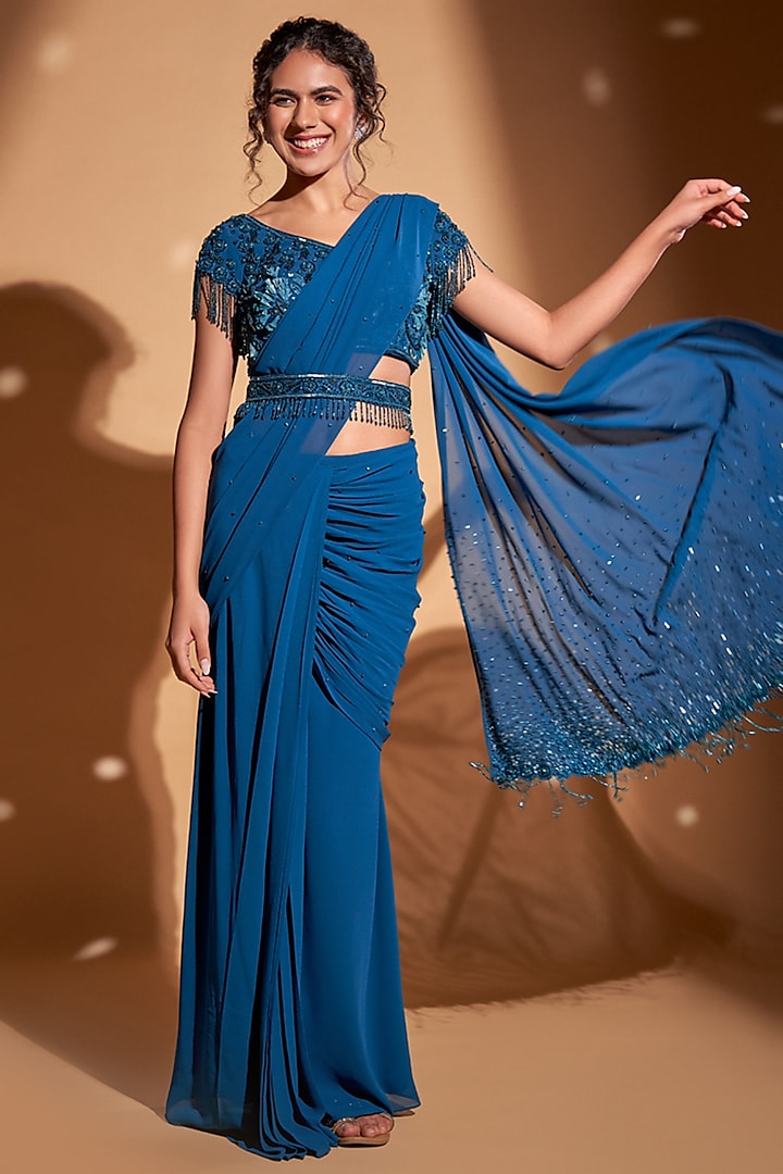 Peacock Blue Georgette Cheeta Work Pre-Draped Wedding Saree Set by Rimple Agrawal at Pernia's Pop Up Shop