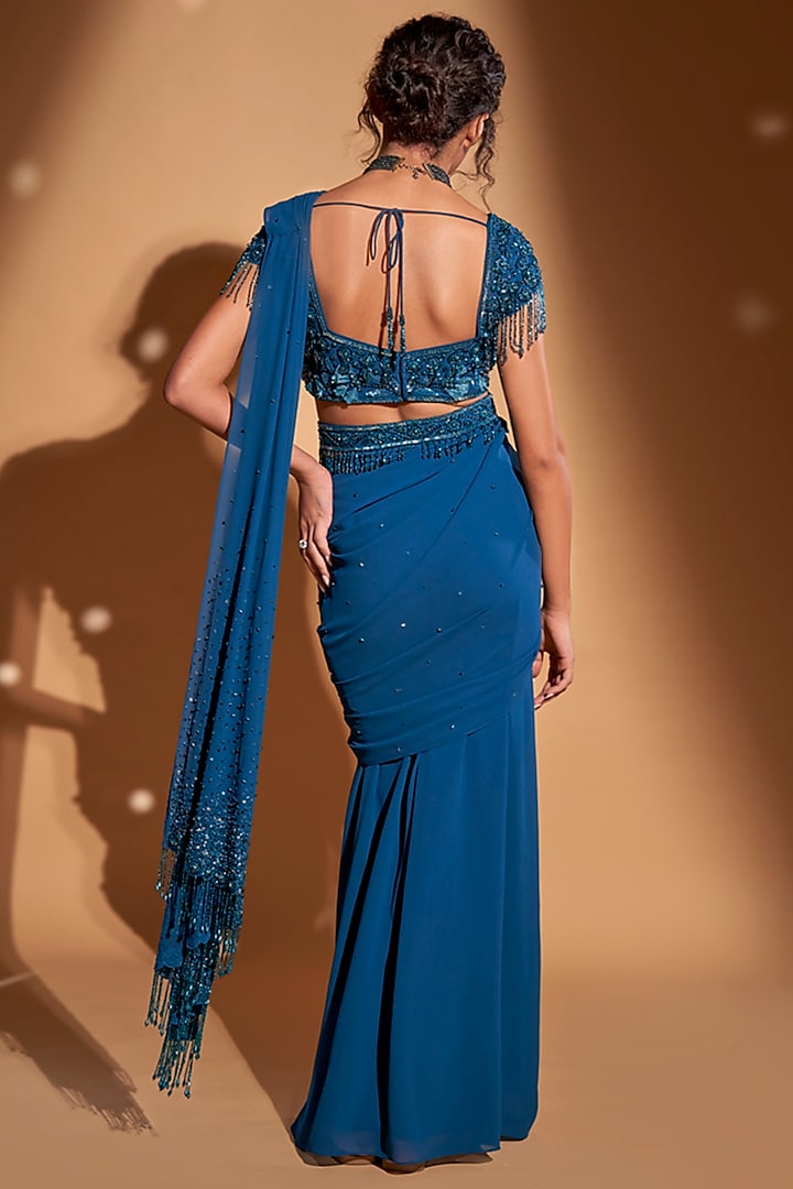 Peacock Blue Georgette Cheeta Work Pre-Draped Wedding Saree Set by Rimple Agrawal at Pernia's Pop Up Shop