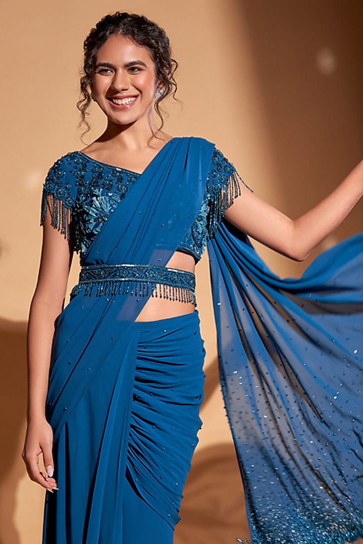 Peacock Blue Georgette Cheeta Work Pre-Draped Wedding Saree Set by Rimple Agrawal at Pernia's Pop Up Shop