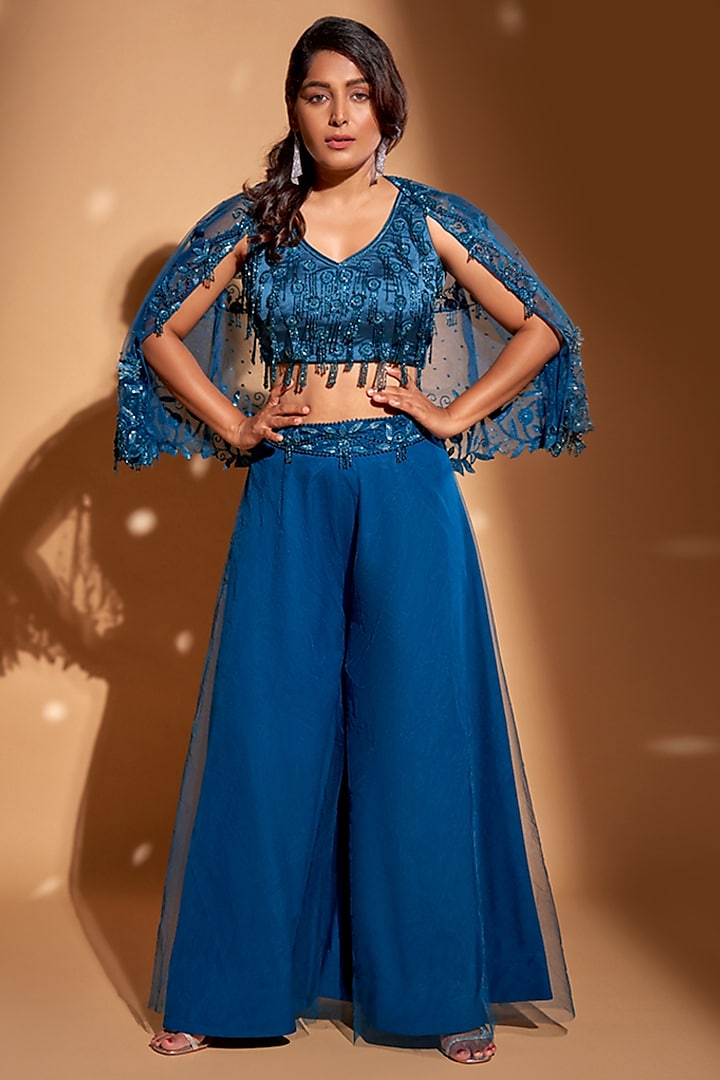 Peacock Blue Net Hand Embroidered Cape Set by Rimple Agrawal at Pernia's Pop Up Shop