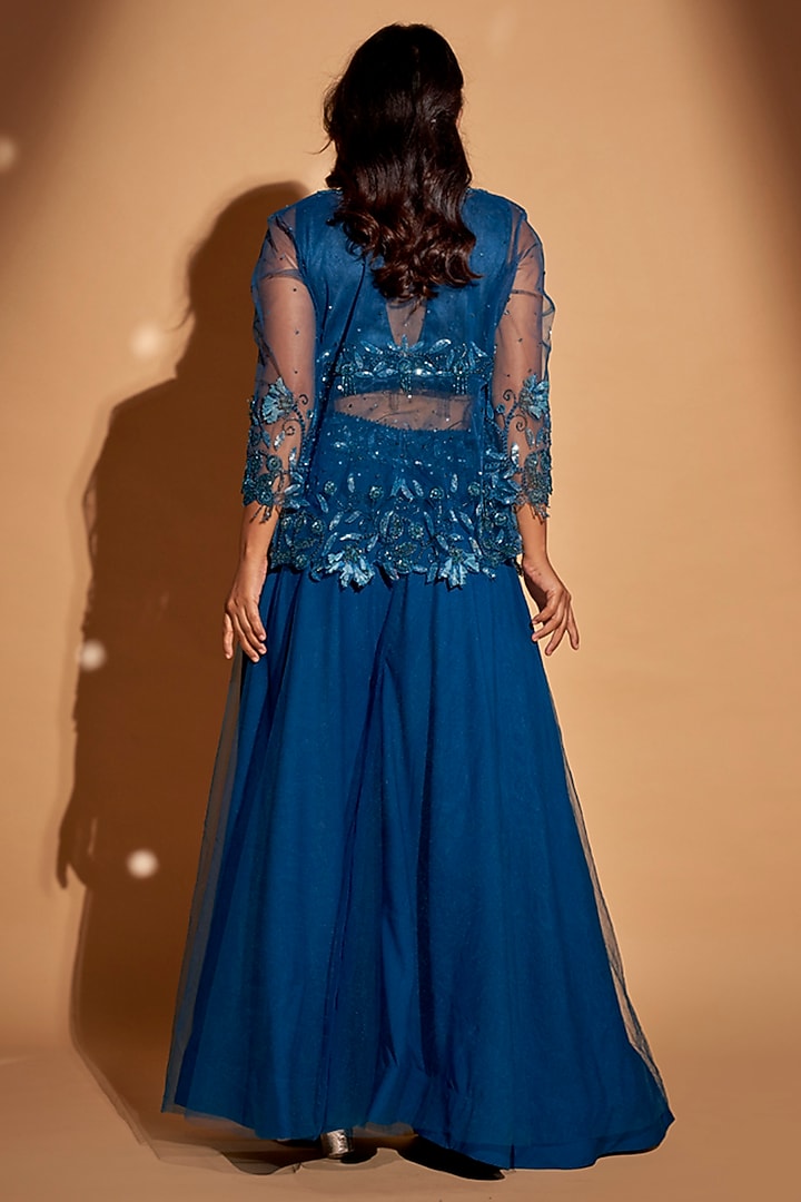 Peacock Blue Net Hand Embroidered Cape Set by Rimple Agrawal at Pernia's Pop Up Shop