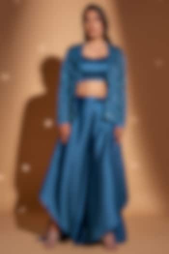 Peacock Blue Silk Satin Hand Embroidered Jacket Set by Rimple Agrawal at Pernia's Pop Up Shop