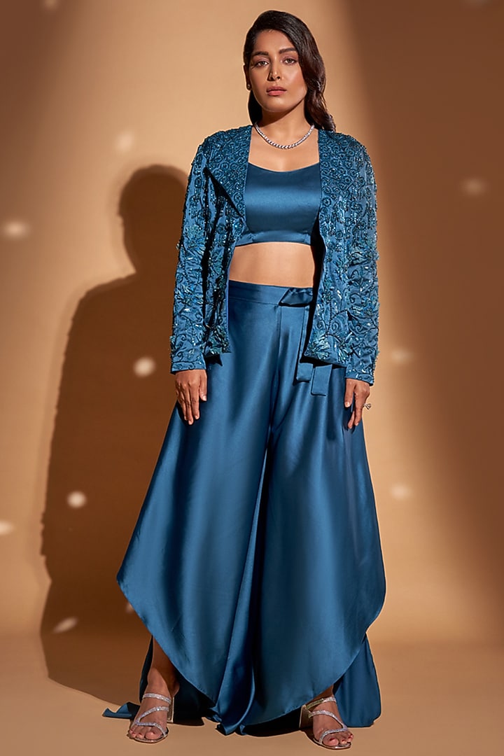 Peacock Blue Silk Satin Hand Embroidered Jacket Set by Rimple Agrawal at Pernia's Pop Up Shop