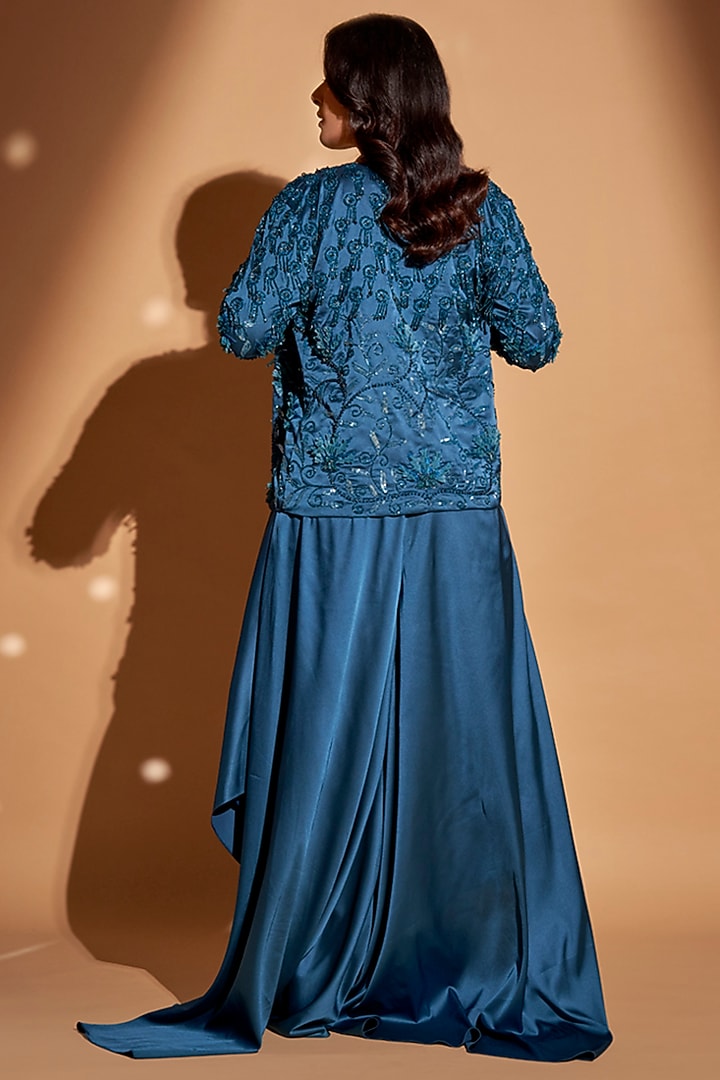 Peacock Blue Silk Satin Hand Embroidered Jacket Set by Rimple Agrawal at Pernia's Pop Up Shop