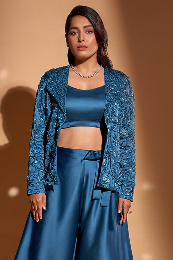 Peacock Blue Silk Satin Hand Embroidered Jacket Set by Rimple Agrawal at Pernia's Pop Up Shop