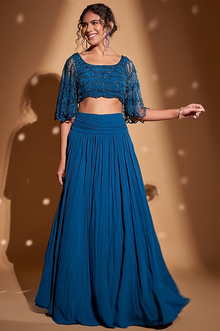 Peacock Blue Georgette Skirt Set by Rimple Agrawal at Pernia's Pop Up Shop