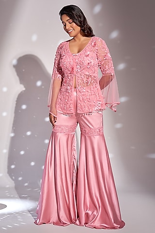 Pink Silk Satin Gharara Set by Rimple Agrawal