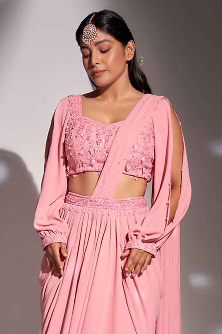 Pink Georgette Pre-Draped Dhoti Wedding Saree Set by Rimple Agrawal at Pernia's Pop Up Shop