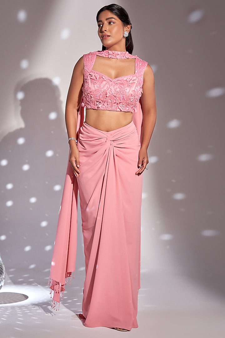 Pink Silk Satin Draped Skirt Set by Rimple Agrawal at Pernia's Pop Up Shop