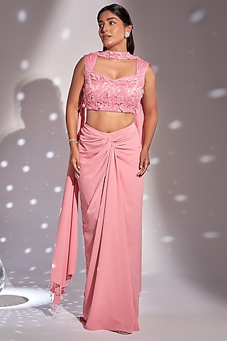 Pink Silk Satin Draped Skirt Set by Rimple Agrawal