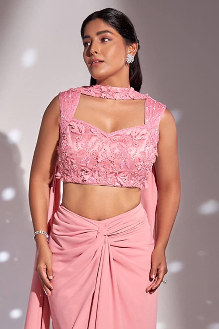 Pink Silk Satin Draped Skirt Set by Rimple Agrawal at Pernia's Pop Up Shop