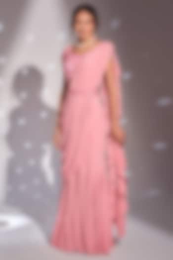 Pink Georgette Mermaid Frill Wedding Saree Set by Rimple Agrawal at Pernia's Pop Up Shop