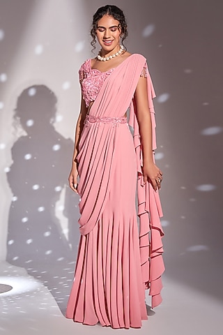 Pink Georgette Mermaid Frill Saree Set by Rimple Agrawal