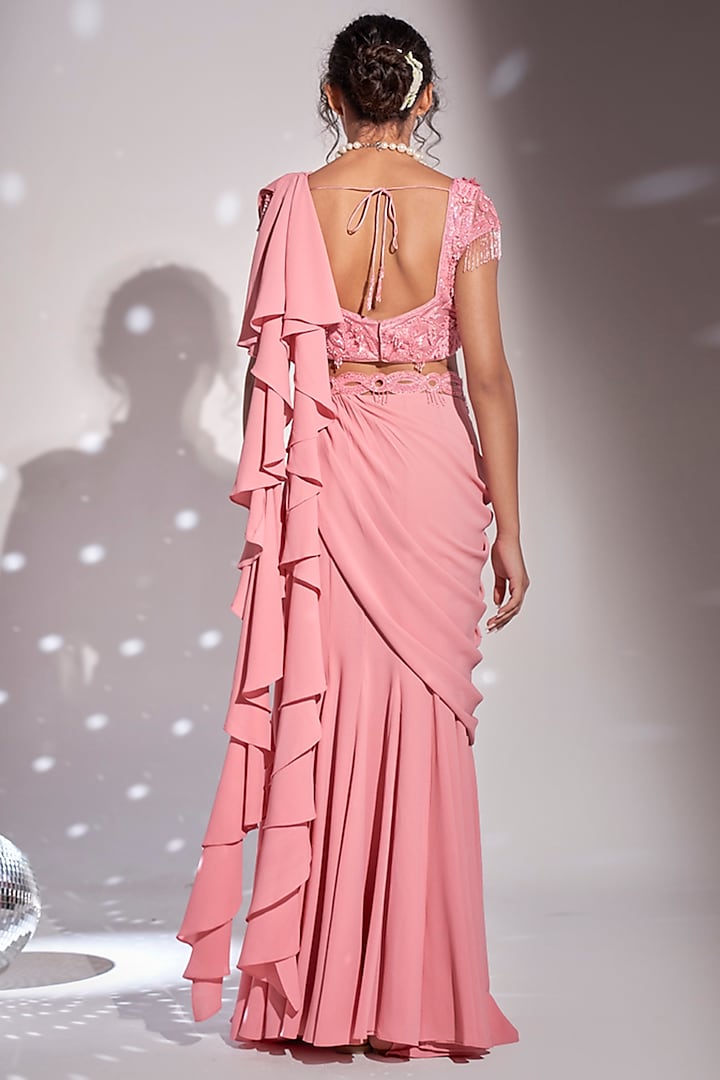 Pink Georgette Mermaid Frill Wedding Saree Set by Rimple Agrawal at Pernia's Pop Up Shop