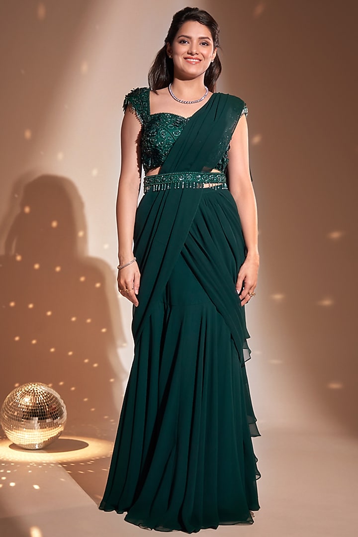Green Georgette Mermaid Frill Wedding Saree Set by Rimple Agrawal at Pernia's Pop Up Shop