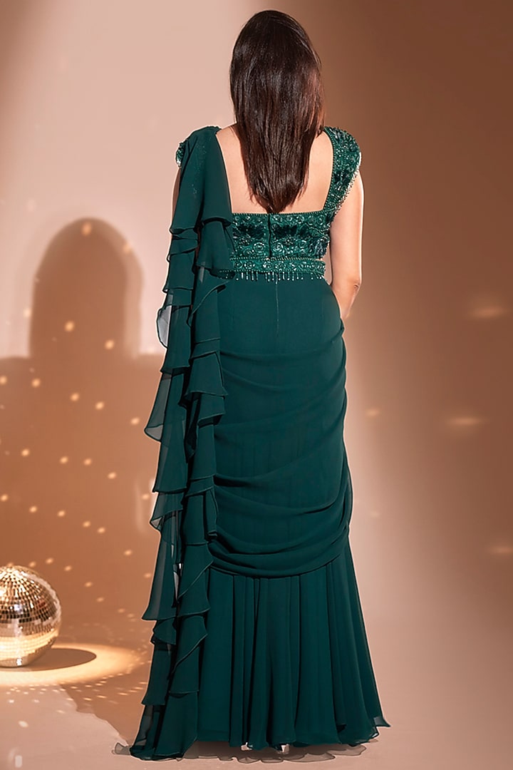 Green Georgette Mermaid Frill Wedding Saree Set by Rimple Agrawal at Pernia's Pop Up Shop