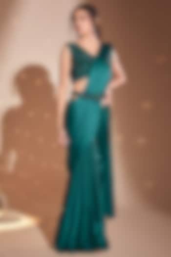 Green Silk Satin Pre-Draped Wedding Saree Set by Rimple Agrawal at Pernia's Pop Up Shop
