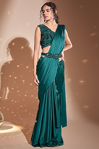 Green Silk Satin Pre-Draped Saree Set by Rimple Agrawal