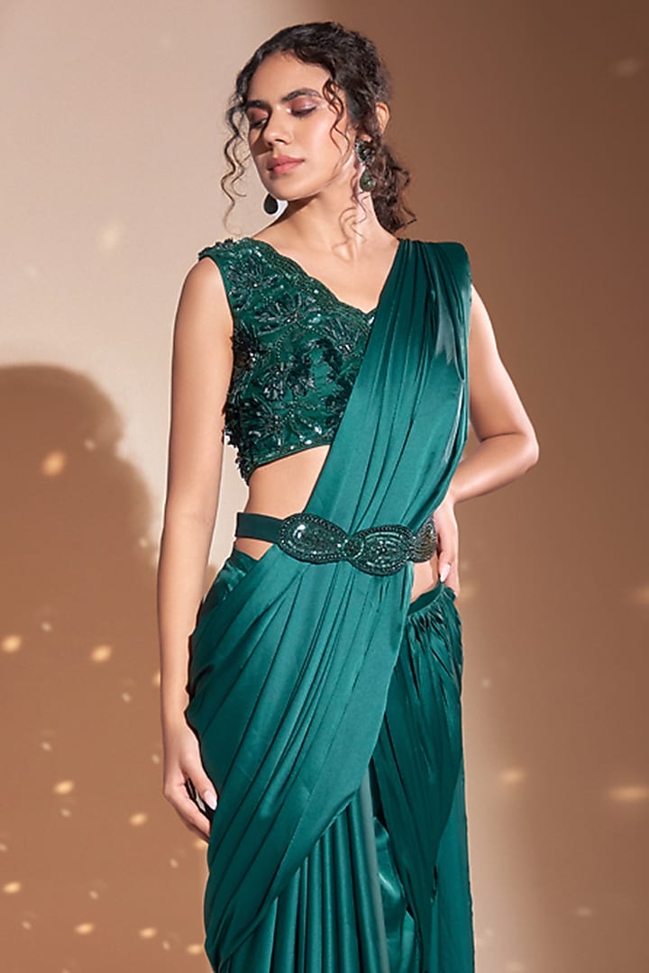 Green Silk Satin Pre-Draped Wedding Saree Set by Rimple Agrawal at Pernia's Pop Up Shop