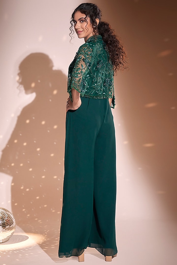 Green Georgette Embroidered Jumpsuit With Cape by Rimple Agrawal at Pernia's Pop Up Shop